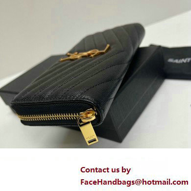 Saint Laurent Cassandre Matelasse Zip Around Wallet In Grain De Poudre Embossed Leather 358094 Black/Gold