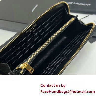 Saint Laurent Cassandre Matelasse Zip Around Wallet In Grain De Poudre Embossed Leather 358094 Black/Gold