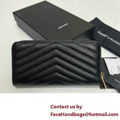 Saint Laurent Cassandre Matelasse Zip Around Wallet In Grain De Poudre Embossed Leather 358094 Black/Gold