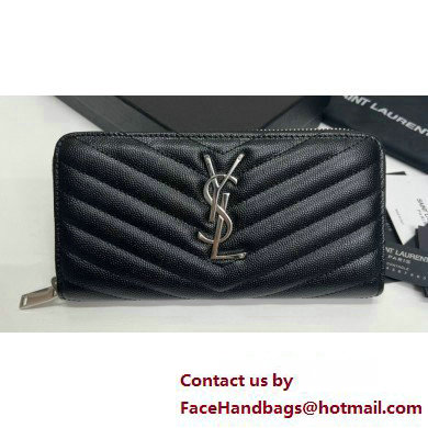 Saint Laurent Cassandre Matelasse Zip Around Wallet In Grain De Poudre Embossed Leather 358094 Black/Silver