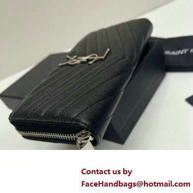 Saint Laurent Cassandre Matelasse Zip Around Wallet In Grain De Poudre Embossed Leather 358094 Black/Silver