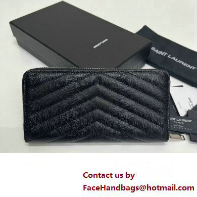 Saint Laurent Cassandre Matelasse Zip Around Wallet In Grain De Poudre Embossed Leather 358094 Black/Silver