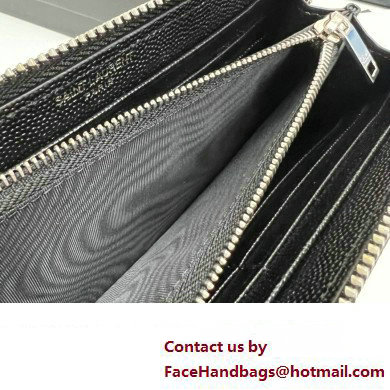 Saint Laurent Cassandre Matelasse Zip Around Wallet In Grain De Poudre Embossed Leather 358094 Black/Silver