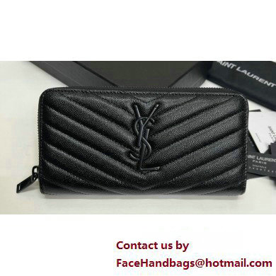 Saint Laurent Cassandre Matelasse Zip Around Wallet In Grain De Poudre Embossed Leather 358094 Black - Click Image to Close