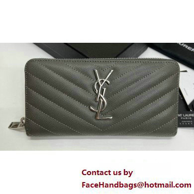 Saint Laurent Cassandre Matelasse Zip Around Wallet In Grain De Poudre Embossed Leather 358094 Gray/Silver