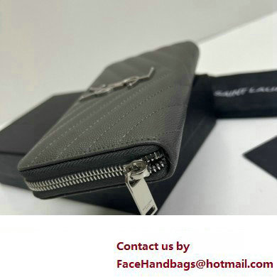 Saint Laurent Cassandre Matelasse Zip Around Wallet In Grain De Poudre Embossed Leather 358094 Gray/Silver