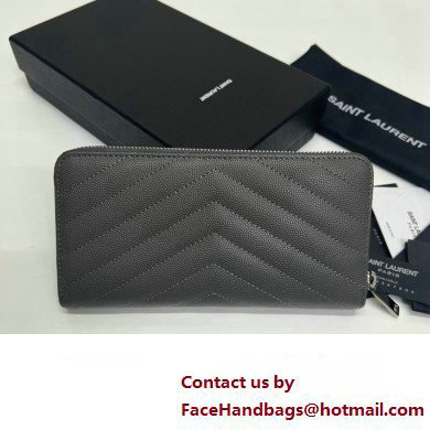 Saint Laurent Cassandre Matelasse Zip Around Wallet In Grain De Poudre Embossed Leather 358094 Gray/Silver