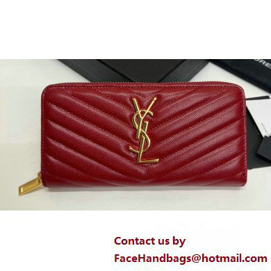 Saint Laurent Cassandre Matelasse Zip Around Wallet In Grain De Poudre Embossed Leather 358094 Red/Gold