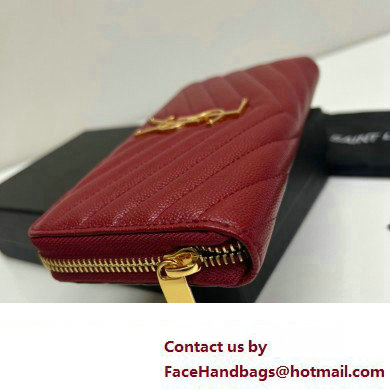 Saint Laurent Cassandre Matelasse Zip Around Wallet In Grain De Poudre Embossed Leather 358094 Red/Gold