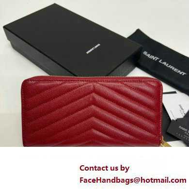 Saint Laurent Cassandre Matelasse Zip Around Wallet In Grain De Poudre Embossed Leather 358094 Red/Gold