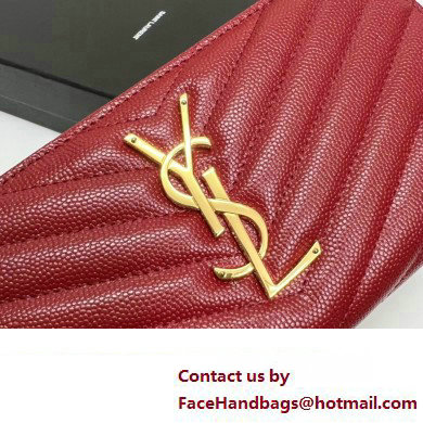 Saint Laurent Cassandre Matelasse Zip Around Wallet In Grain De Poudre Embossed Leather 358094 Red/Gold