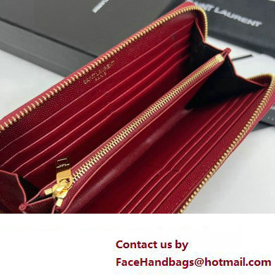 Saint Laurent Cassandre Matelasse Zip Around Wallet In Grain De Poudre Embossed Leather 358094 Red/Gold