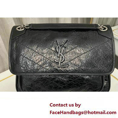 Saint Laurent Niki medium Bag in Crinkled Vintage Leather 633158 Black/Silver