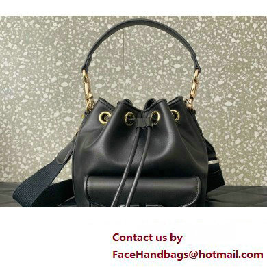 Valentino Loco Bucket Bag In Calfskin Leather Black With Enamel Tone-On-Tone Vlogo Signature 2024