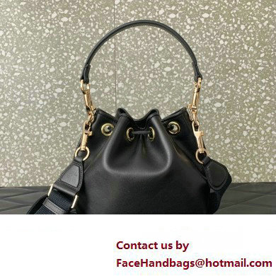 Valentino Loco Bucket Bag In Calfskin Leather Black With Enamel Tone-On-Tone Vlogo Signature 2024