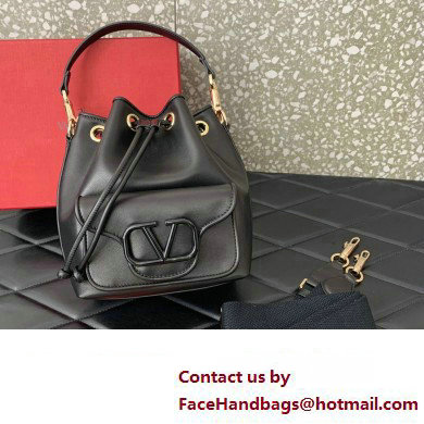 Valentino Loco Bucket Bag In Calfskin Leather Black With Enamel Tone-On-Tone Vlogo Signature 2024