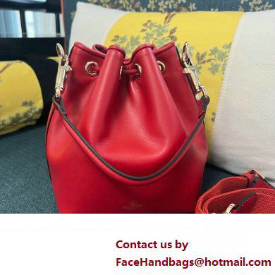 Valentino Loco Bucket Bag In Calfskin Leather Red With Enamel Tone-On-Tone Vlogo Signature 2024