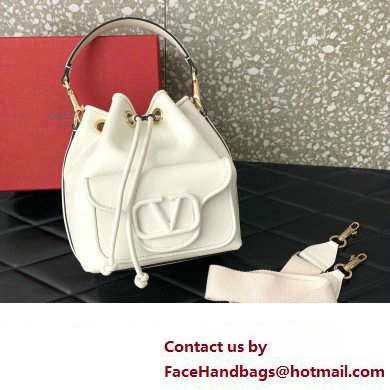 Valentino Loco Bucket Bag In Calfskin Leather White With Enamel Tone-On-Tone Vlogo Signature 2024