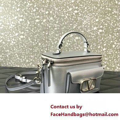 Valentino Mini Loco Handbag In Calfskin Leather Silver With Enamel Tone-On-Tone Vlogo Signature 2024