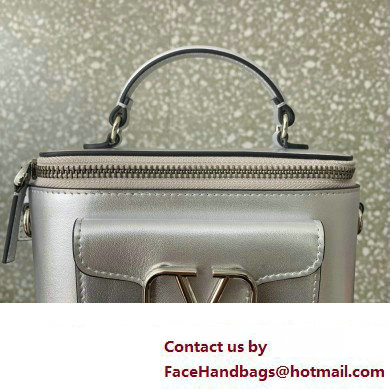 Valentino Mini Loco Handbag In Calfskin Leather Silver With Enamel Tone-On-Tone Vlogo Signature 2024