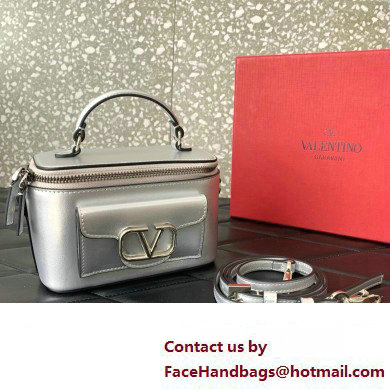 Valentino Mini Loco Handbag In Calfskin Leather Silver With Enamel Tone-On-Tone Vlogo Signature 2024