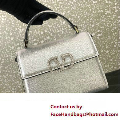 Valentino Mini VSLING Handbag in metallic Silver grainy calfskin with VLogo Signature crystals 2024