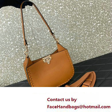 Valentino Rockstud Hobo Bag in Grainy Calfskin Brown 2024