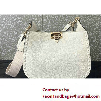 Valentino Rockstud Hobo Bag in Grainy Calfskin White 2024