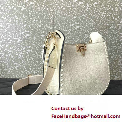 Valentino Rockstud Hobo Bag in Grainy Calfskin White 2024