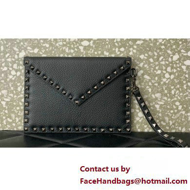 Valentino Rockstud Pouch Clutch Bag in Grainy Calfskin Black 2024