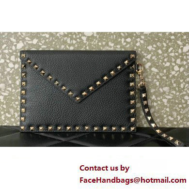 Valentino Rockstud Pouch Clutch Bag in Grainy Calfskin Black/Gold 2024