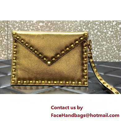 Valentino Rockstud Pouch Clutch Bag in Grainy Calfskin Gold 2024