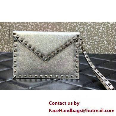 Valentino Rockstud Pouch Clutch Bag in Grainy Calfskin Silver 2024