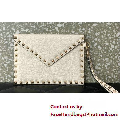 Valentino Rockstud Pouch Clutch Bag in Grainy Calfskin White 2024