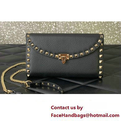 Valentino Rockstud Wallet With Chain in Grainy Calfskin Black 2024