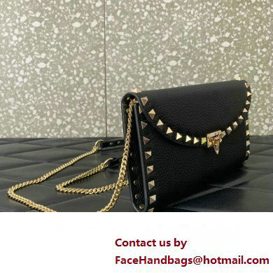 Valentino Rockstud Wallet With Chain in Grainy Calfskin Black 2024