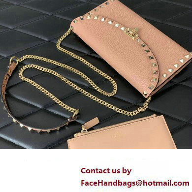 Valentino Rockstud Wallet With Chain in Grainy Calfskin Nude Pink 2024