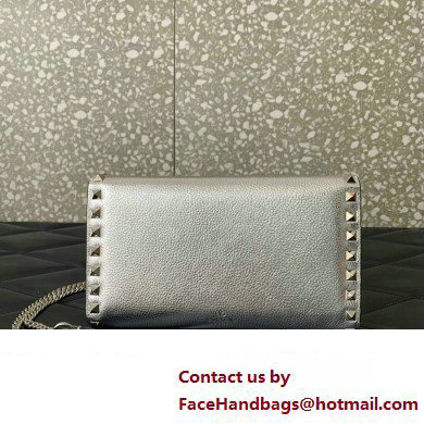 Valentino Rockstud Wallet With Chain in Grainy Calfskin Silver 2024