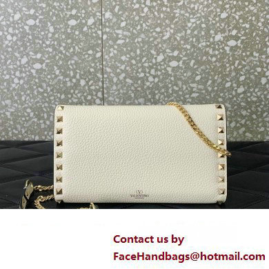 Valentino Rockstud Wallet With Chain in Grainy Calfskin White 2024