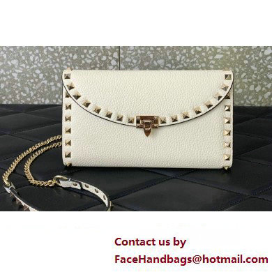 Valentino Rockstud Wallet With Chain in Grainy Calfskin White 2024