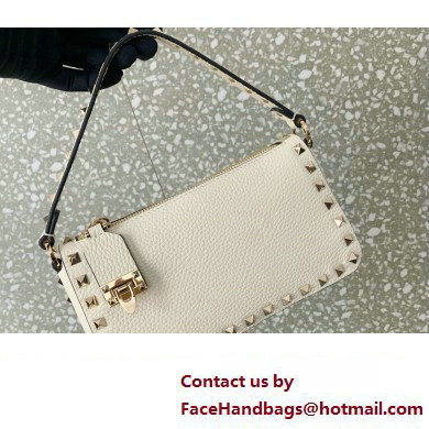 Valentino Small Rockstud Grainy Calfskin Crossbody Bag White 2023 - Click Image to Close