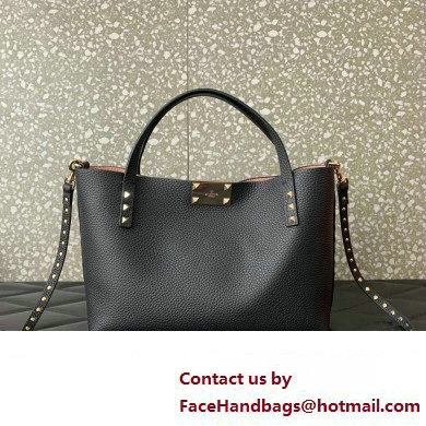 Valentino Small Rockstud Grainy Calfskin Tote Bag with Contrasting Lining 0044 Black 2023