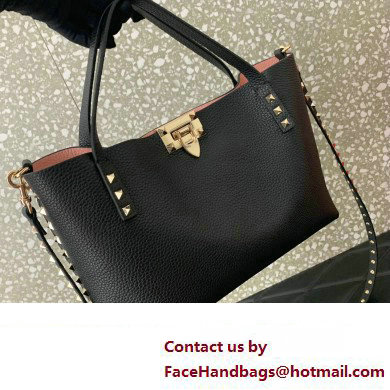 Valentino Small Rockstud Grainy Calfskin Tote Bag with Contrasting Lining 0044 Black 2023