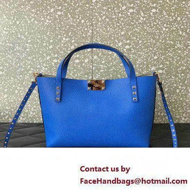 Valentino Small Rockstud Grainy Calfskin Tote Bag with Contrasting Lining 0044 Blue 2023