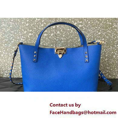 Valentino Small Rockstud Grainy Calfskin Tote Bag with Contrasting Lining 0044 Blue 2023