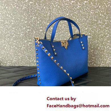 Valentino Small Rockstud Grainy Calfskin Tote Bag with Contrasting Lining 0044 Blue 2023