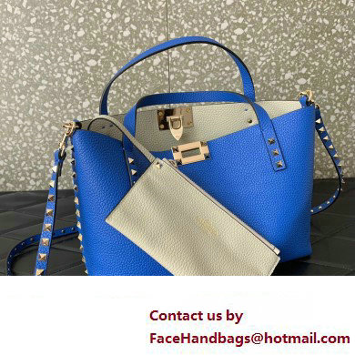 Valentino Small Rockstud Grainy Calfskin Tote Bag with Contrasting Lining 0044 Blue 2023