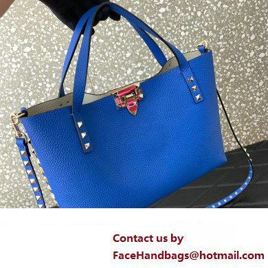 Valentino Small Rockstud Grainy Calfskin Tote Bag with Contrasting Lining 0044 Blue 2023