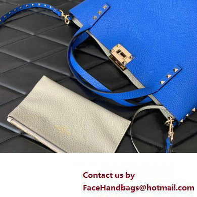 Valentino Small Rockstud Grainy Calfskin Tote Bag with Contrasting Lining 0044 Blue 2023