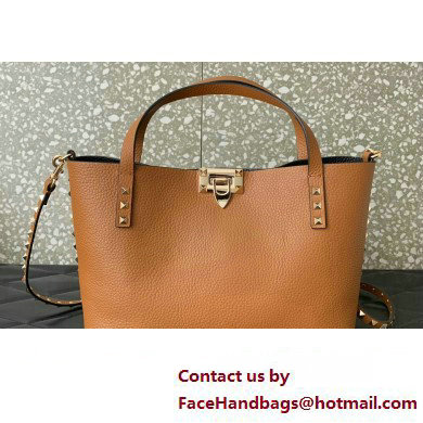 Valentino Small Rockstud Grainy Calfskin Tote Bag with Contrasting Lining 0044 Brown 2023 - Click Image to Close